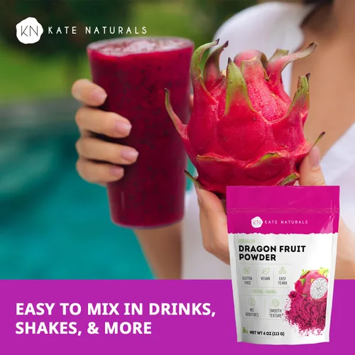 Vista 3 de Kate Naturals Polvo de fruta del dragón para hornear y bebidas (4 onzas). Polvo de pitaya rosa seco vegano sin gluten para jarabe de fruta
