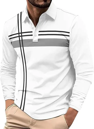 Vista 18 de Polo para hombre, manga larga, ajustado, a rayas, con cuello, talla grande, para golf y otoño