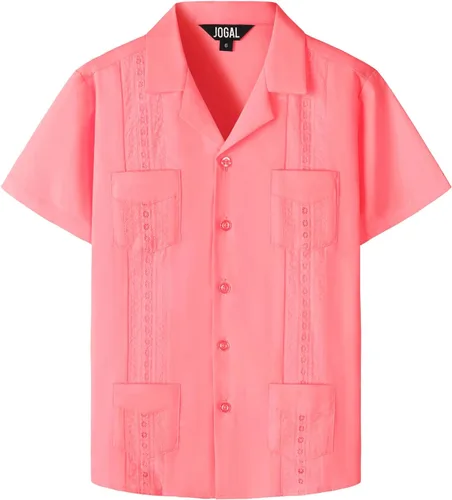 Vista 15 de JOGAL Camisas guayabera cubanas para niños de manga corta con botones, camisa casual de playa Verde militar