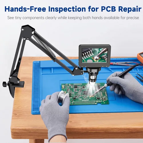 Vista 2 de 4.3 Inch Digital Soldering Microscope with C-Clamp For PCB repair and soldering checks; compact clamp setup keeps both hands free, and the screen