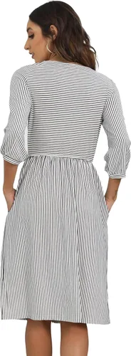 Vista 2 de Merokeety Vestido tipo camiseta, para mujer, diseño a rayas con manga globo 34, cintura alta, largo por debajo de la rodilla y bolsillos