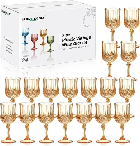 Vista 13 de XUWAIDSGN 16 Piezas Copas de Vino Vintage de Plástico de 7oz Vasos para Beber Irrompibles Cristalería para Bodas Copas de Agua de Cristal