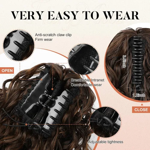 Vista 4 de Flufymooz Extensión de cola de caballo, extensión de cola de caballo corta de 12 pulgadas con pinza de garra, cabello ondulado rizado, clip