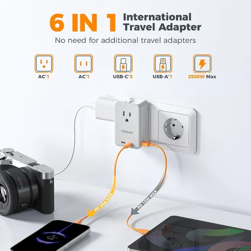 Vista 2 de TESSAN Adaptador de viaje PD 20W, adaptador de corriente universal con 3
