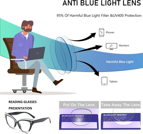 Vista 6 de Gafas de lectura de ojo de gato, bloqueo de luz azul, paquete de 3 gafas de computadora de moda con bisagra de resorte