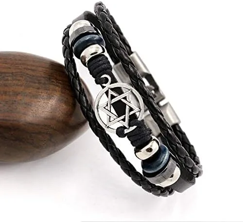Vista 3 de Pulsera de piel trenzada para mujer, diseño de estrella de David, color negro
