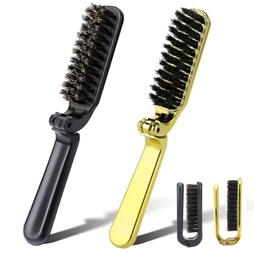 Vista 8 de 2 piezas de cepillo plegable de viaje con cerdas de jabalí, bolsillo plegable, rango antiestático, mini herramienta de peinado para barba y cabello