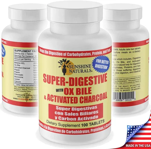 Vista 2 de Suplemento súper digestivo de Sunshine Naturals. Bile de buey y carbón activado para apoyo digestivo, alivio de la hinchazón, limpieza intestinal