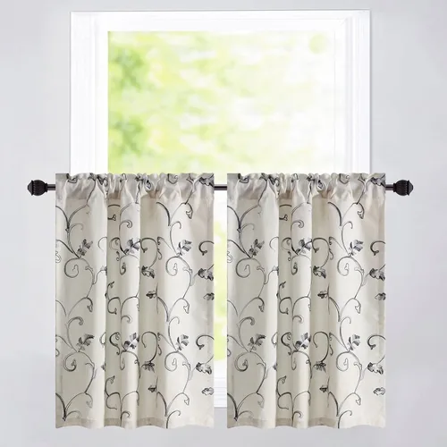 Vista 24 de VOGOL Cortinas de Nivel para Cocina para Ventana, Flores Azules y Enredaderas Bordadas Cortina de 24 Pulgadas de Largo, Cortinas Cortas Tratamiento