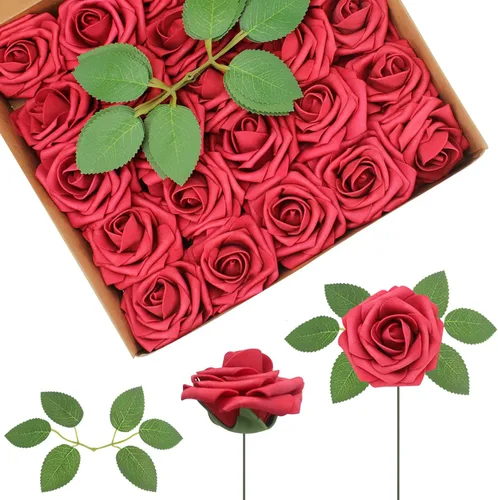 Vista 24 de 25 rosas realistas negras, flores artificiales de espuma de látex con tallos flexibles y 8 hojas para decoración de bodas, hogar y fiestas Negro