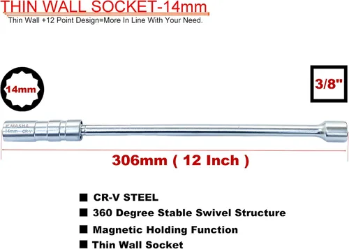 Vista 5 de Magnético giratorio de 0.551 in con enchufe de bujía de pared delgada, controlador de 3/8 pulgadas × longitud total de 12 pulgadas, enchufe de pared