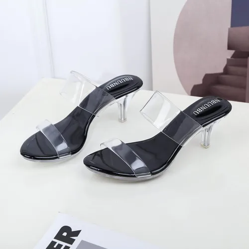 Vista 4 de NBUUNBU Tacones transparentes para mujer, tacones negros plateados, con plataforma pequeña, sandalias de tacón alto sexy, sandalias de tacón