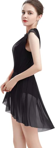 Vista 2 de ODASDO Elegante vestido de baile lírico para mujer, manga casquillo de encaje, falda de tul asimétrica, leotardo, disfraz contemporáneo, XS-XL