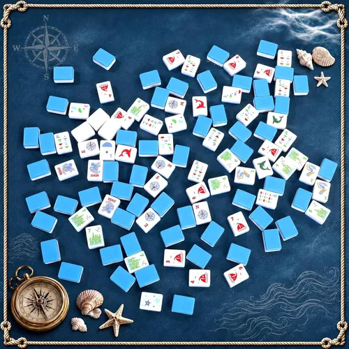 Vista 6 de Juego de azulejos Mahjong azul americano grabado con temática