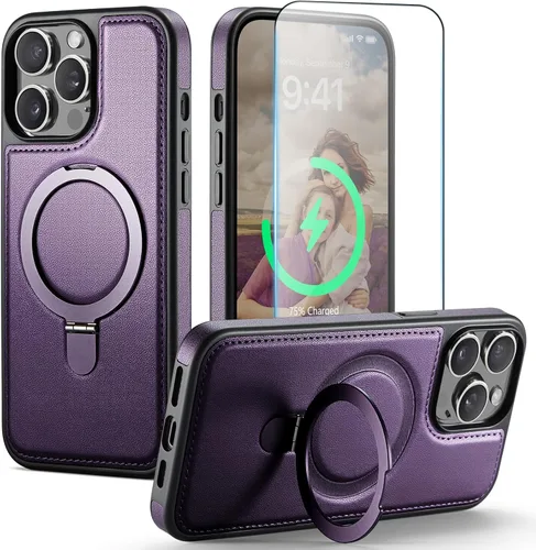 Vista 17 de Funda para iPhone 13 con soporte compatible con Magsafe, color negro Magnetic Kickstand, with Tempered Glass Screen Protector, Durable PU Leather