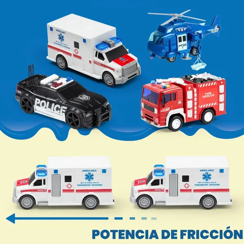 Vista 9 de JOYIN 4 paquetes de juguetes de vehículos de emergencia, vehículos accionados por fricción con luz y sonido, incluyendo camión de bomberos