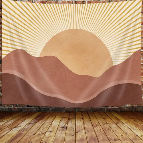 Vista 10 de JAWO Tapiz Bohemio Azul, Tapiz de Naturaleza con Montaña Abstracta y Sol Dorado para Colgar en la Pared para Dormitorio, Tapices de Paisaje