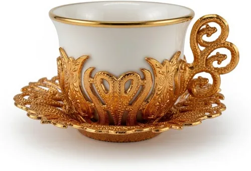Vista 7 de Alisveristime Juego de tazas de café turco, porcelana blanca y metal de zinc con motivos turcos, 6 tazas y platillos (dorado)