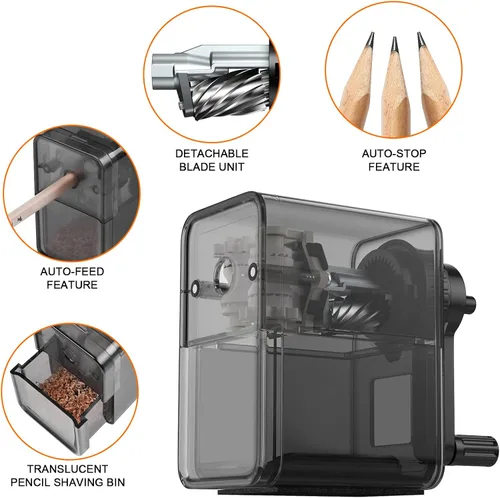 Vista 5 de Sacapuntas negro, sacapuntas manual con hoja helicoidal más fuerte para afilar rápidamente para niños, escuela, aula, hogar, artistas, ideal