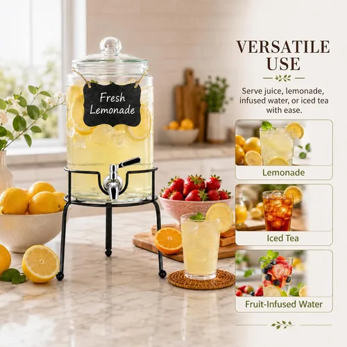 Vista 3 de Dispensador de bebidas de 1 galón, 1 paquete, dispensador de bebidas de espita de acero inoxidable para fiestas con soporte, recipiente de vidrio