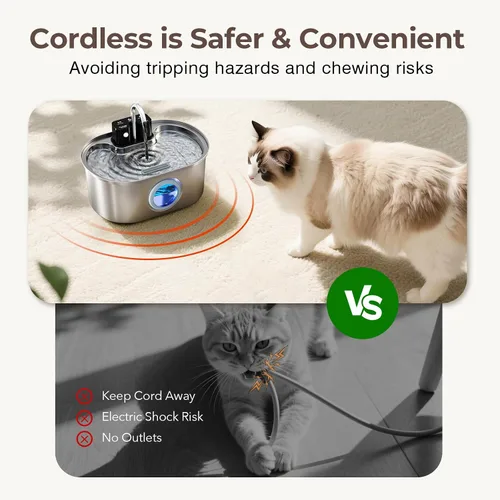 Vista 7 de PEKTACO Fuente de agua inalámbrica para gatos de acero inoxidable, de 108 oz/3.2 L, fuente de agua para mascotas sin cables operada por batería
