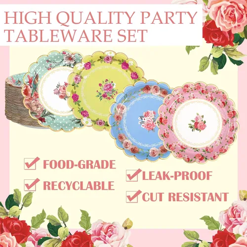 Vista 4 de Suclain 100 platos de papel para fiesta de té de flores de 7 pulgadas, platos de papel floral vintage para invitados, cenas, fiestas de té, bodas