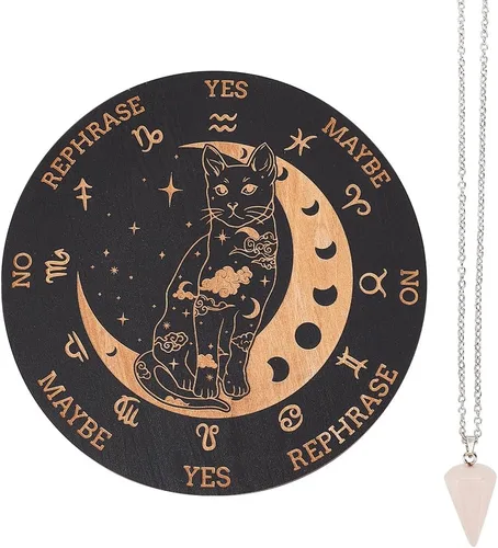 Vista 11 de INFUNLY Tablero de péndulo de madera de mariposa de 10 x 10 pulgadas con collar de cristal de péndulo, tablero de péndulo de madera redondo grande
