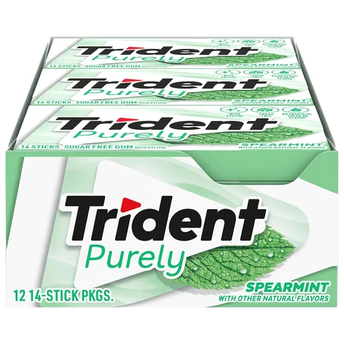 Vista 14 de 12 paquetes de 14 unidades cada uno; es decir, en total son 168 unidades de goma de mascar Trident Bubblegum sin azúcar sabor chicle. Accesorios