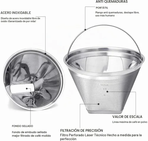 Vista 5 de Filtro de café reutilizable #4 en forma de cono permanente de 6 a 10 tazas de acero inoxidable para Cuisinart Maker Ninja Coffee Bar Brewer - Libre