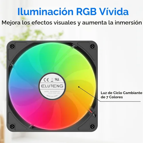 Vista 2 de ELUTENG Ventilador de refrigeración USB para computadora con iluminación RGB de 7 colores, controlador de 3 velocidades 1100/1300/1500 RPM