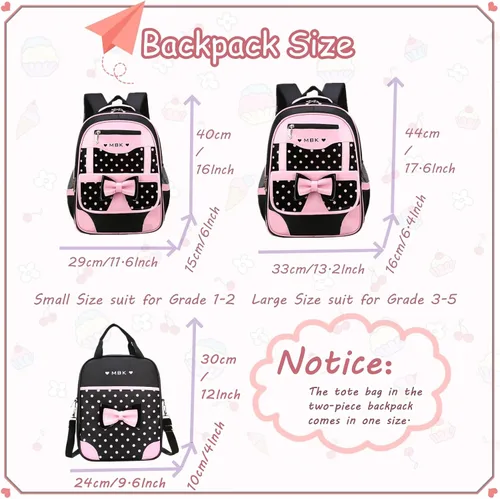 Vista 2 de Juego de 2 mochilas escolares con lazos para niñas y estudiantes, diseño de princesa para escuela primaria, 2pcs Negro-s, 2Pcs BagSet S