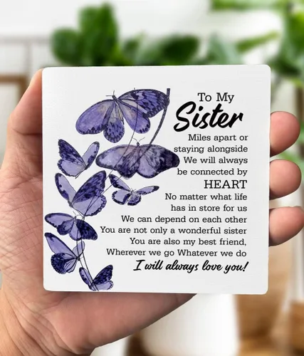 Vista 3 de Letrero de madera con texto en inglés «To My Sister», «A Wonderful Sister & Best Friends», placa con soporte de madera, placa de madera
