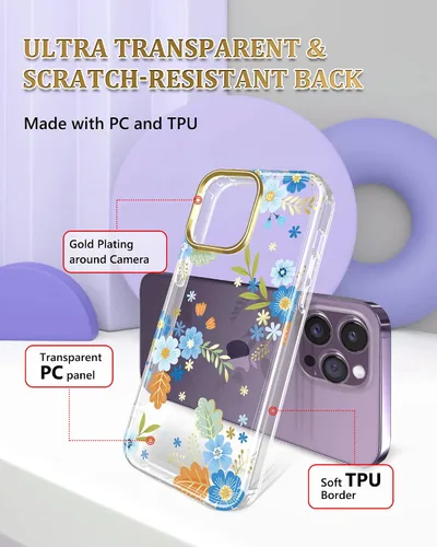 Vista 3 de Funda diseñada para iPhone 14 Pro con protector de pantalla + protector de lente de cámara, chapado en purpurina con flores, a prueba de golpes Azul