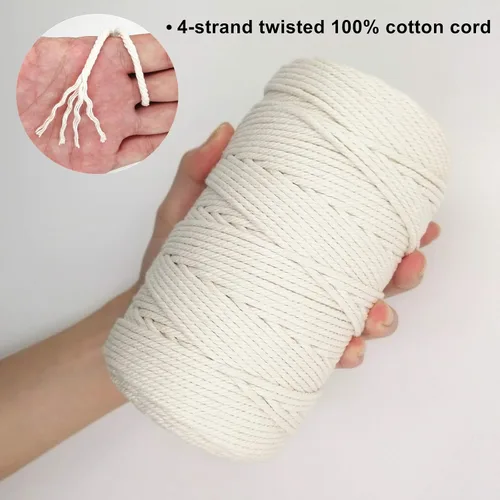 Vista 3 de Cuerda de macramé de 0.118 in para 220 yardas, cuerda de algodón de 68.8 pies, cuerda de macramé de color 100% natural para kit de macramé, ganchos