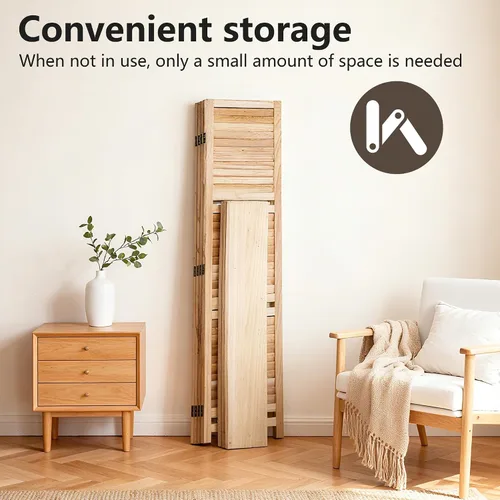 Vista 3 de [Usado] FDW Divisor de habitación de 4 paneles plegable de madera de privacidad con tres estantes inteligentes, divisor de madera portátil