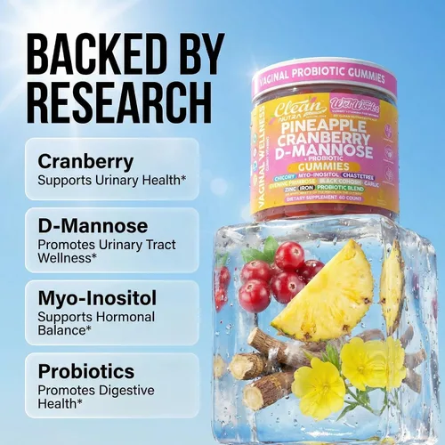 Vista 3 de Clean Nutraceuticals Clean Nutra Pineapple Cranberry D-Manose + Probiotic Gummies 60 unidades Suplemento diario para mujer Gomitas con sabor a