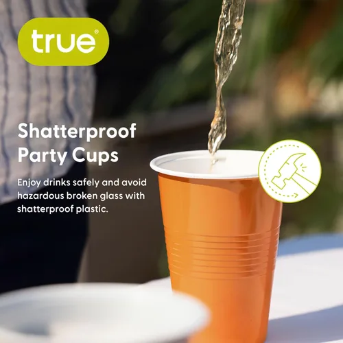 Vista 5 de TRUE Vasos desechables para fiesta naranja, vasos para bebidas para cócteles y cerveza, capacidad de 16 onzas, plástico, naranja, juego de 50