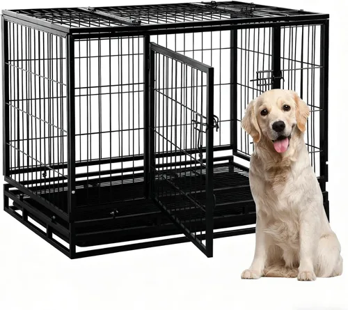 Vista 10 de Perrera para perros grande resistente con bandeja de plástico y ruedas, jaula XXL de 48 pulgadas para perros al aire libre con puertas dobles, cajas