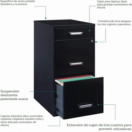Vista 6 de Scranton & Co Archivador de metal moderno de 27.32 pulgadas de alto x 18 pulgadas de profundidad, con 3 cajones, con cajón para lápices, lados Negro