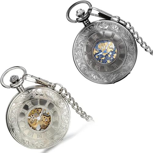 Vista 4 de lancardo clásico Carve Patrones Hollow esqueleto reloj de bolsillo con oro y azul Tono movimiento (2pcs)