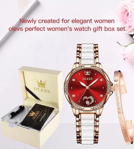 Vista 6 de OLEVS Relojes automáticos para mujer, mecánicos, con esfera de corazón de diamante, oro rosa, banda de cerámica, impermeable, con fecha luminosa
