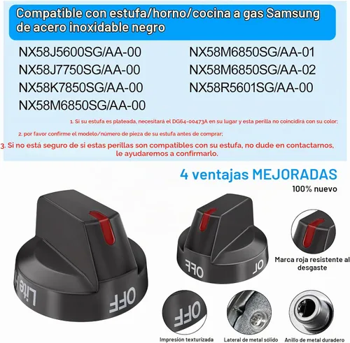 Vista 5 de [Actualizado] DG64-00473B Perillas de estufa de acero inoxidable negro compatibles con estufa de horno de gas Samsung, perilla de control