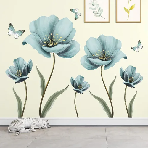 Vista 3 de Calcomanías de pared de flores azules de ensueño creativas pintadas con mariposas para pared, pintura romántica, decoración artística, vinilo