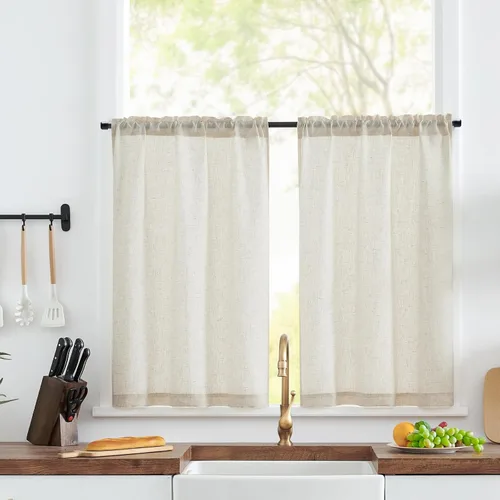 Vista 24 de Jinchan - Cortinas de cocina de lino rústico beige con bolsillo para barra, 26 x 36 pulgadas, 2 paneles