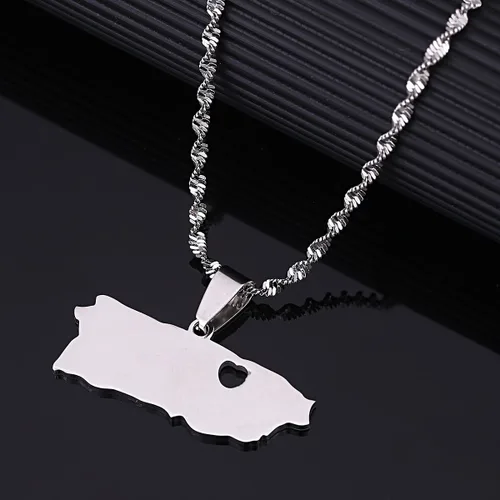 Vista 3 de Collar con colgante de mapa de Puerto Rico de acero inoxidable de plata y joyería de mapa de puertorriqueños, Acero inoxidable