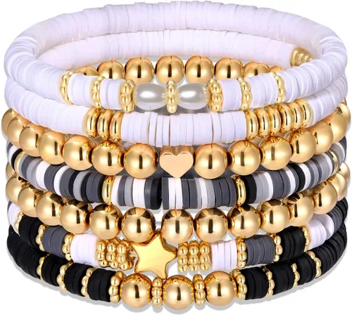 Vista 299 de Surfer Heishi - Pulseras apilables para mujer, apilables, de vinilo arcoíris, disco de arcilla, pulseras elásticas para la amistad, joyería bohemia