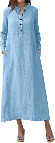 Vista 56 de Vestido de manga larga para mujer, casual, de algodón, lino, con botones, maxivestidos tipo caftán, blanco y azul