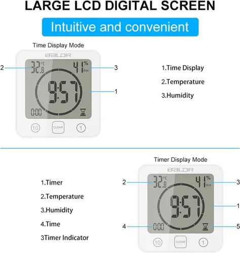 Vista 6 de Temporizador de ducha digital con pantalla táctil impermeable, pantalla de temperatura y humedad, reloj de baño con ventosas y agujero para colgar