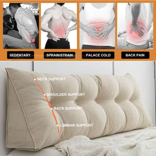 Vista 2 de Almohada triangular para cabecero, respaldo grande, cojín de soporte de cuña, almohada lumbar para cama de día, litera, dormitorio con funda Beige