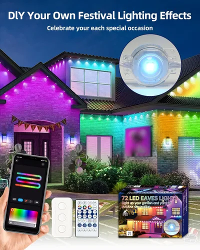 Vista 7 de Luces Permanentes para Exteriores de 111 Pies, 72 Luces RGB para Aleros con Control de Aplicación Remota, IP65 Impermeables Luces de Eternidad